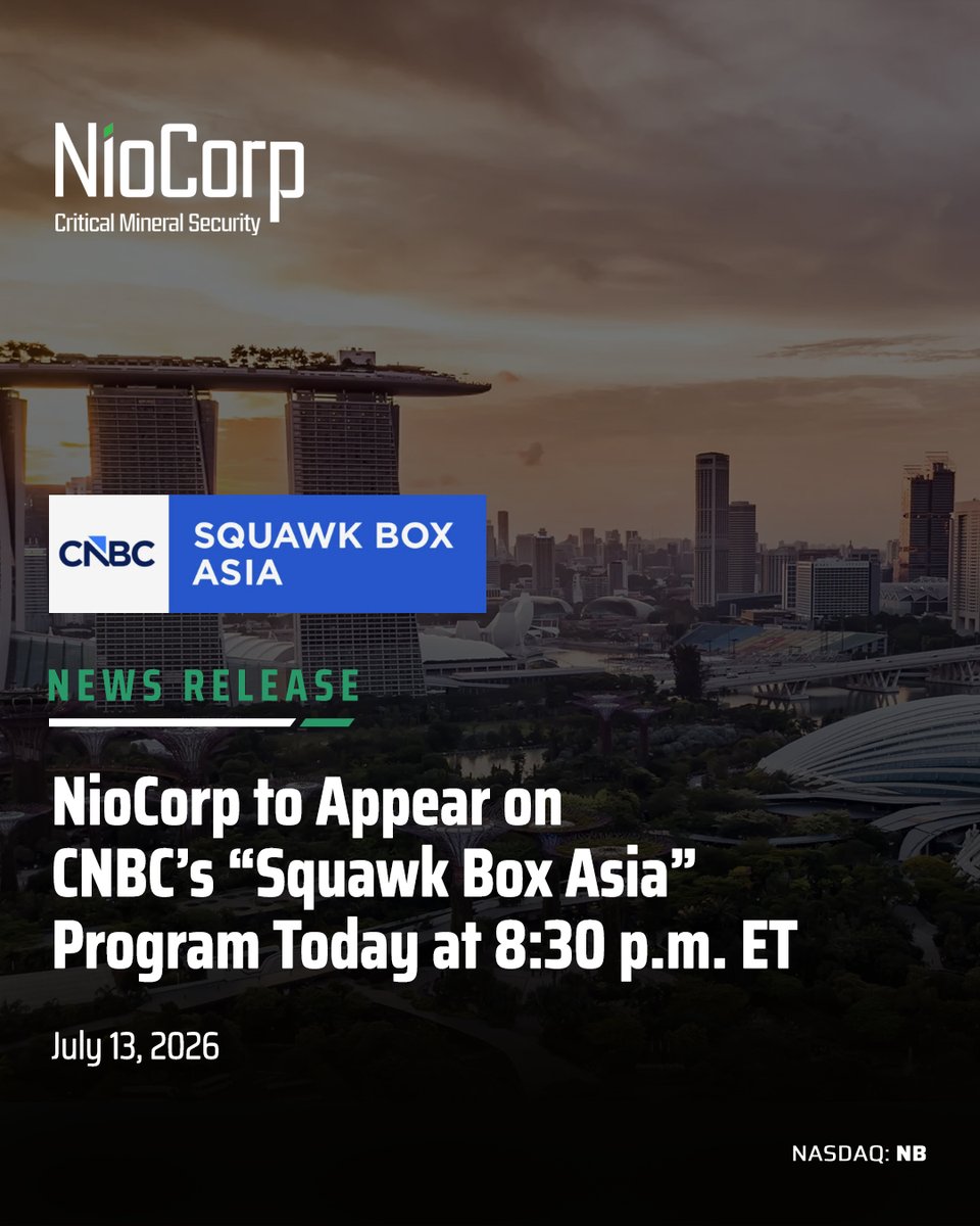 NioCorp's tweet photo. The conversation around #CriticalMinerals continues to grow.

Tune in today at 8:30 p.m. ET as NioCorp CEO Mark Smith joins @cnbcworld #SquawkBoxAsia to discuss the U.S. critical minerals outlook, supply chain security, and the Elk Creek Critical Minerals Project.

More → https://t.co/SSQU5WeQz6

$NB #Niobium #Scandium #RareEarths