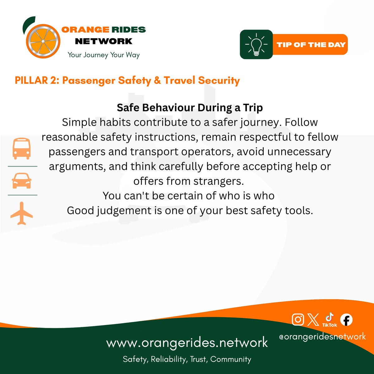 Orange_Rides's tweet photo. Safer journeys start with smarter habits. Protect your belongings, stay alert, and practise safe behaviour throughout every trip.

#OrangeRidesNetwork #ORNSound #PassengerSafety #TravelSmart https://t.co/BvMhr6UGfU