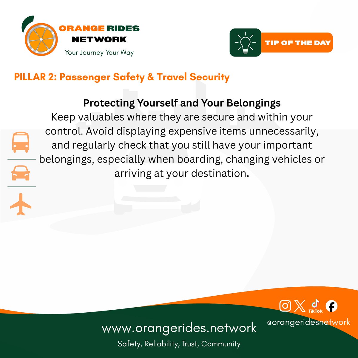 Orange_Rides's tweet photo. Safer journeys start with smarter habits. Protect your belongings, stay alert, and practise safe behaviour throughout every trip.

#OrangeRidesNetwork #ORNSound #PassengerSafety #TravelSmart https://t.co/BvMhr6UGfU