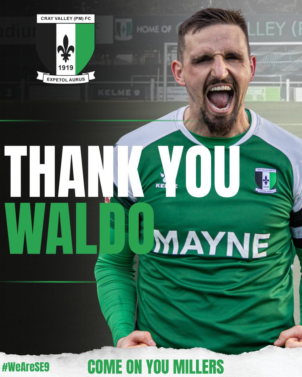 CrayValleyPM's tweet photo. Thank you, Waldo. 💚

We can confirm that Danny Waldren is leaving Cray Valley (PM). Waldo will always be remembered as a key part in both league-winning and play-off-reaching campaigns. 

We wish @DannyWALD0 all the best, and thank him for the memories 👊 https://t.co/joDhAb3daz