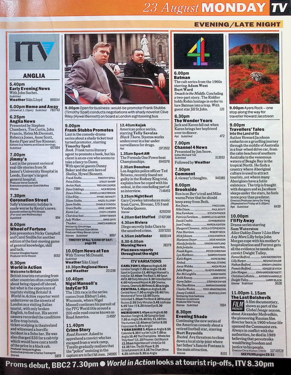 TvDidYouSee's tweet photo. #OnThisDay 23 August 1993 📺TV Listings
Jim faces the biggest emergency of his life in #Neighbours.
#TimothySpall in the last in the series of FRANK STUBBS PROMOTES.
Sally's traumatic holiday is made worse by Kevin's news in #CoronationStreet.
#BryanClough - GOODBYE TO CLOUGHIE. https://t.co/YM76epAP84