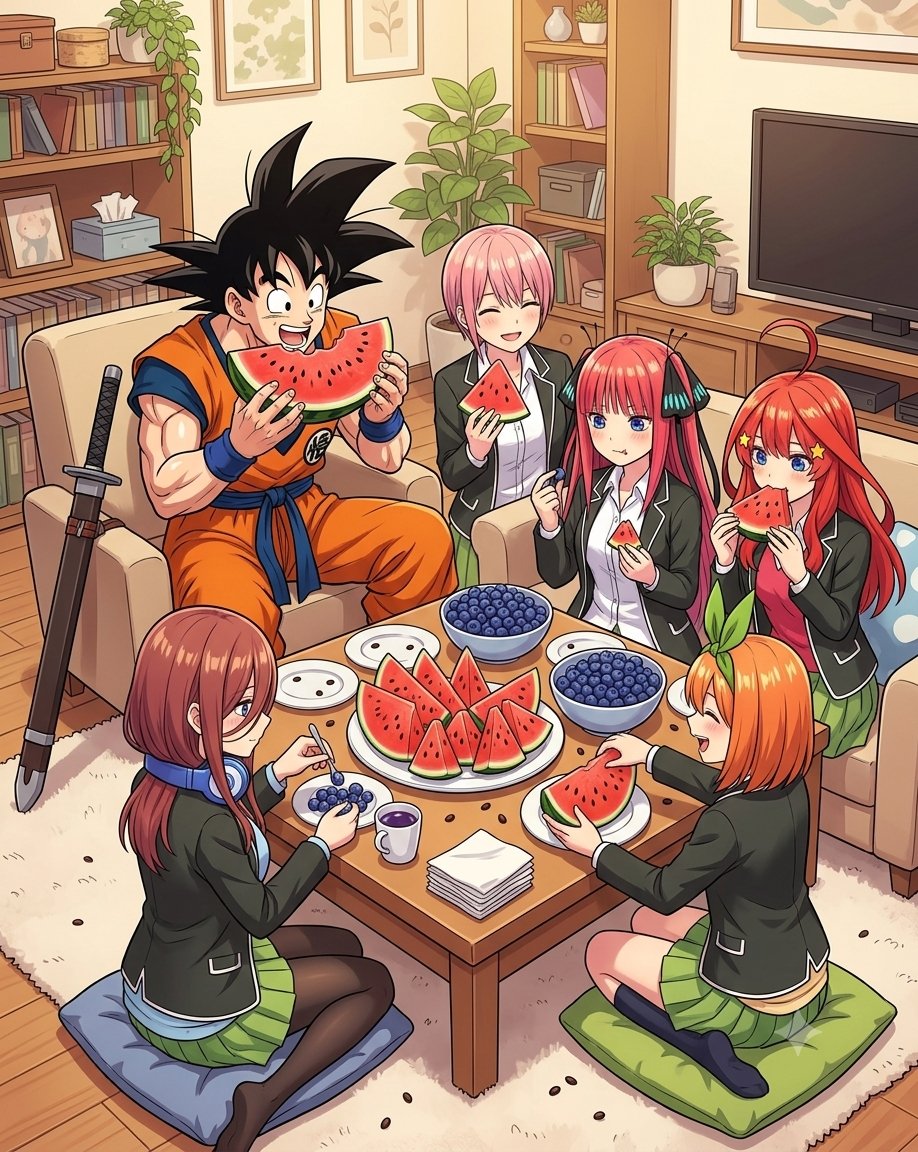 BrianJesusChav1's tweet photo. Temporada de Frutas de Julio:
En la sala comiendo sandía (watermelon) y los arándanos (blueberries).
#AIArt #Anime #WeNeverLearn #DBS #SonGoku #LasQuintillizas #Frutas https://t.co/tFeYax28LG
