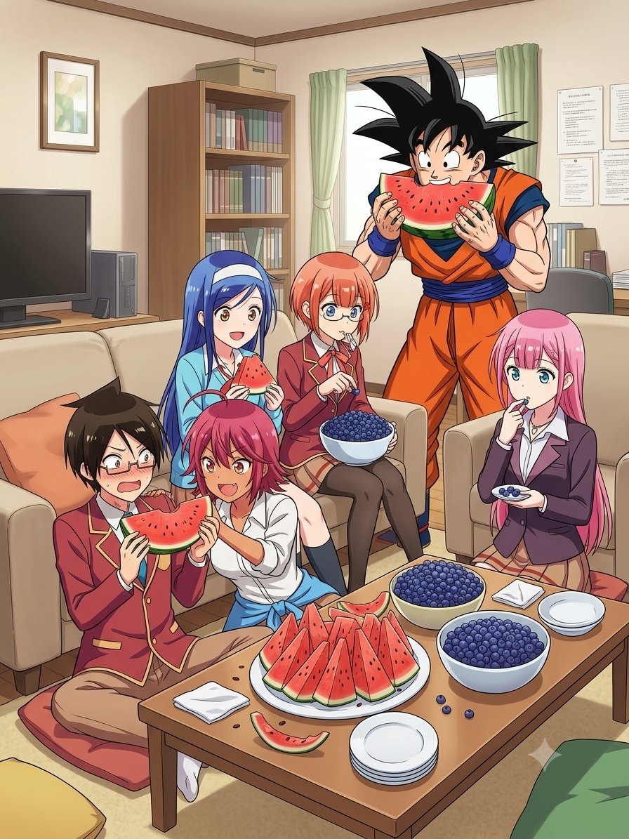 BrianJesusChav1's tweet photo. Temporada de Frutas de Julio:
En la sala comiendo sandía (watermelon) y los arándanos (blueberries).
#AIArt #Anime #WeNeverLearn #DBS #SonGoku #LasQuintillizas #Frutas https://t.co/tFeYax28LG