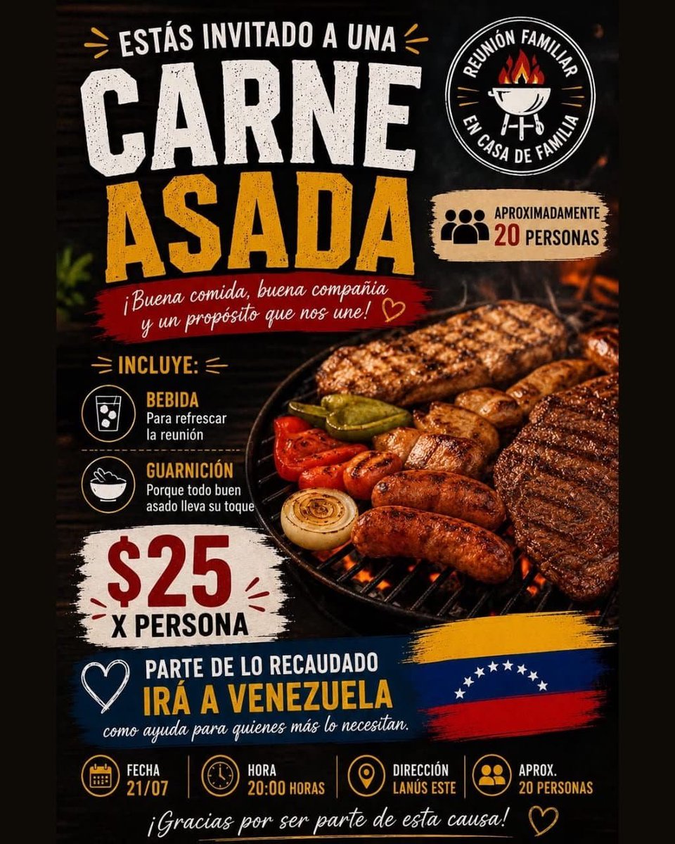 liricalman's tweet photo. Estoy organizando un asado en Lanús a beneficio de la fundación fundatiacruz en el estado Vargas, para costear insumos y medicamentos para los afectados.
El martes 21/07
20:00 horas
25 mil pesos el plato
Lanús este
Capacidad del lugar 30 personas aproximadamente. https://t.co/bEJVM1PKCd