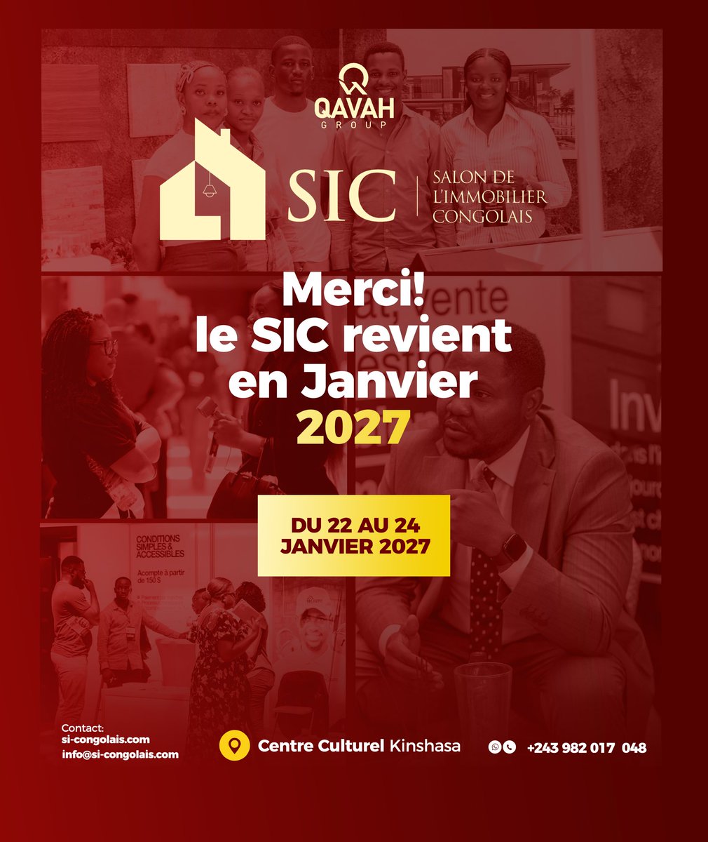 Qavahgroup's tweet photo. Revivez les moments forts de la première édition du Salon de l’Immobilier Congolais. 
Une vision, des rencontres, des opportunités et une ambition commune : bâtir l’avenir de l’immobilier en RDC.

Le rendez-vous est déjà pris pour la 2ᵉ édition, du 22 au 24 janvier 2027. Soyez des nôtres pour écrire la suite de cette belle histoire. 

#salonimmobiliercongolais #sic2027 #immobilier #rdc #kinshasa  sic2027  #RDC
