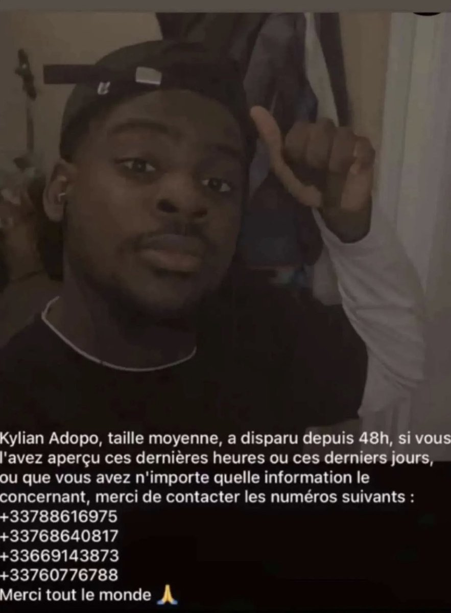 slimelifeivoire's tweet photo. 🚨 DISPARITION INQUIÉTANTE 🚨

Kylian Adopo est porté disparu depuis 48 heures.

Si vous l’avez aperçu récemment ou si vous détenez la moindre information pouvant aider à le retrouver, contactez immédiatement l’un des numéros indiqués sur l’affiche 🇫🇷 

Un simple RT peut faire toute la différence. 🙏