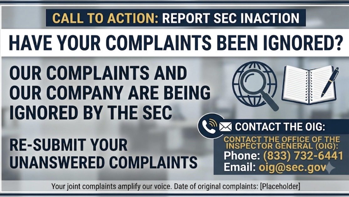 zing_leo12693's tweet photo. MMTLP 🚨 SEC INACTION REPORT: 6 ATTEMPTS IGNORED 🚨
The company has officially issued a PR and has now been ignored by the SEC after 6 distinct attempts to engage. If your individual complaints are being ignored too, it's time to escalate.

Grounds for OIG complaints:
 
Failure to respond to a regulated entity / reporting company
 Administrative & regulatory inaction
 
Failure to perform oversight and communicate with a registrant