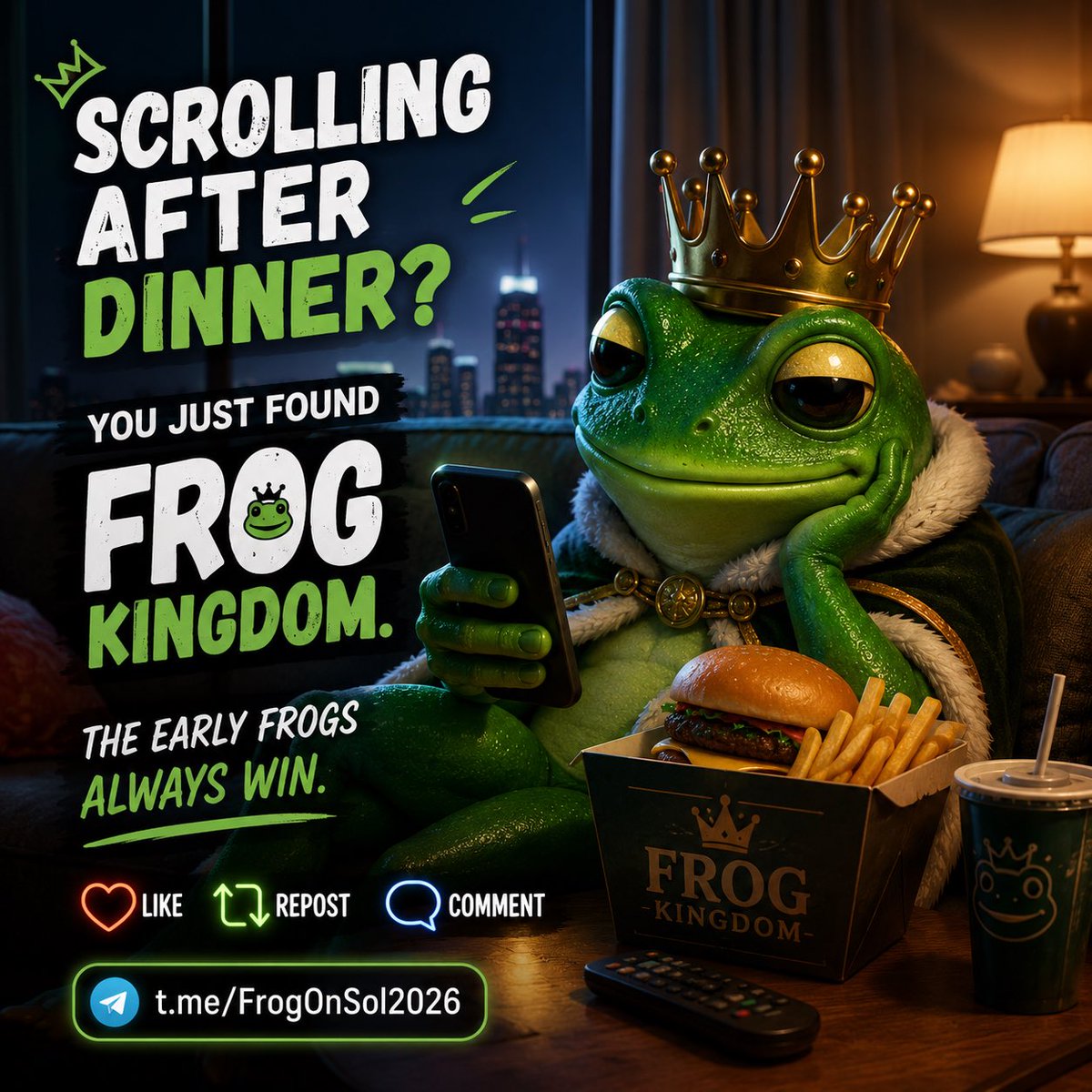 FrogOnSol2026's tweet photo. 📱 Scrolling after dinner?

You just found Frog Kingdom. 🐸👑

The early frogs always win. 🚀

❤️ 🔁 💬

https://t.co/33erJ5l58F https://t.co/aCJZFgk7Ze