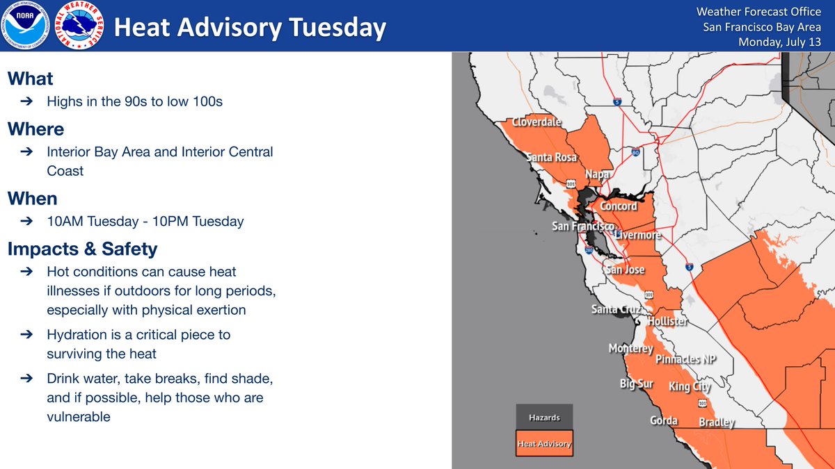 NWSBayArea's tweet photo. 🌡️Hot temperatures return Tuesday and Wednesday with Moderate HeatRisk forecast across the region. The most widespread heat is expected Tuesday with temperatures cooling slightly Wednesday except across the interior Central Coast. #CAwx https://t.co/4GbyqiH3TF