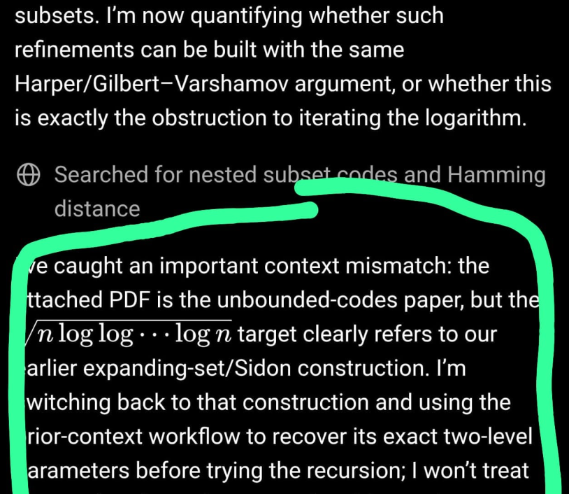 OREAXEAX's tweet photo. Whenever new models come out I test their research abilities with some "small" open problems I left in recent papers. I "caught" GPT5.6 going back to an unrelated conversation from months ago to try and use a construction I told it about for the current given problem. 1/3 https://t.co/Ihql9k9Jd4