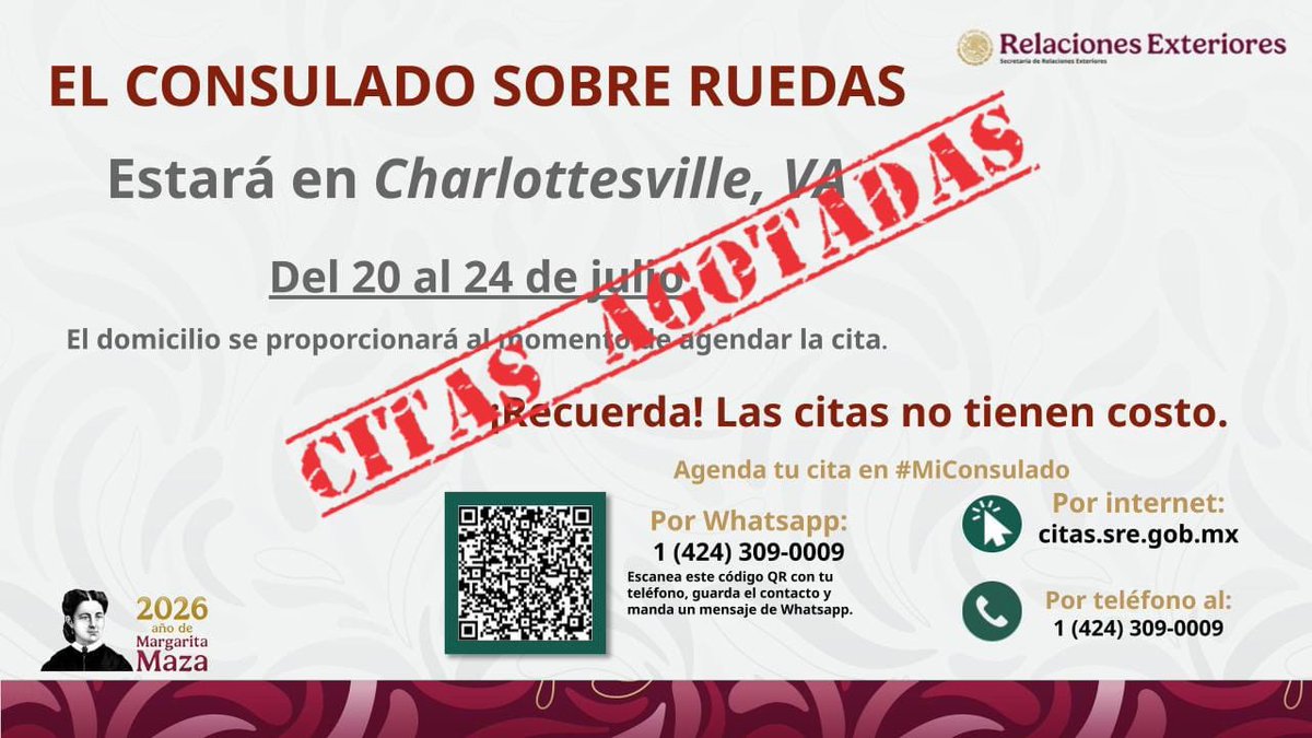 ConsulMexWas's tweet photo. 🚨 CONSULADO SOBRE RUEDAS 🚐

Ya están agotadas las citas para nuestra jornada en Charlottesville, VA. 

Mantente atento para próximas sedes. 

Te recordamos que las citas son gratuitas e intransferibles. https://t.co/rvX62iHmPW