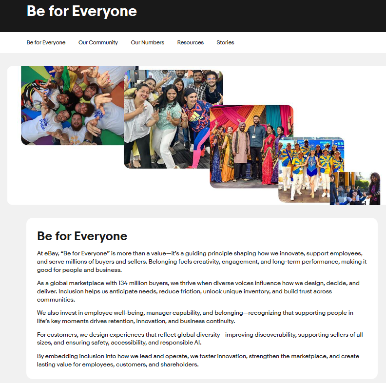 ReesePolitics's tweet photo. eBay's 'Diversity Equity and Inclusion' URL now redirects to 'Be For Everyone' in which they proceed to categorize their employees into 12 buckets 😂.

Get rid of this entirely. $GME https://t.co/RtseYbxzXd