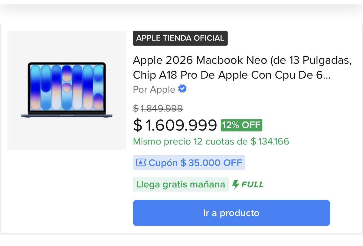 vmenditto's tweet photo. 💻 MacBook NEO en MELI  

Dale que pagas con el aguinaldo o con tarjeta en AGOSTO 🔥 

✅ 12 cuotas en pesos sin interés 
✅ Varios colores 
✅ cupon PREVACAS para meter  y abaratar 

Link 🔗 
https://t.co/LVl6tEwZsh

Aprovecha que no la aumentaron y Aidee ya se disparó 💪 https://t.co/kIo239sJ2x