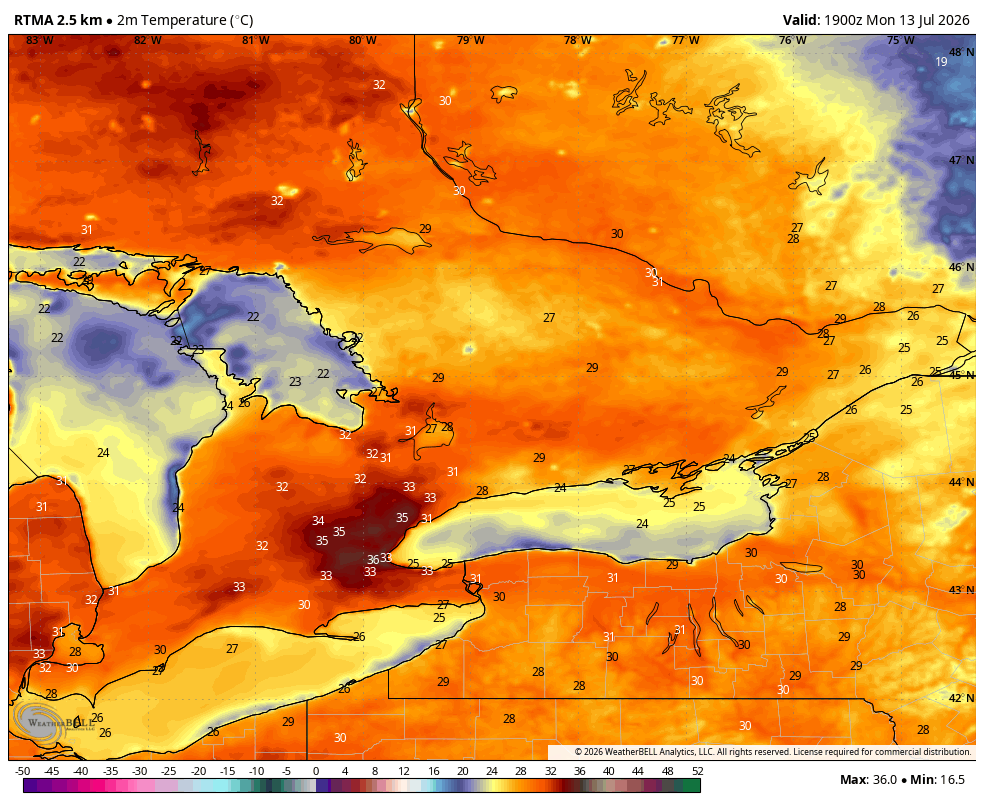 WxOntario1's tweet photo. Our multi day heat event has begun across Southern #Ontario! 🔥 

Widespread temps in the 30s across most of Southern Ont this afternoon 

As mentioned last week, Tuesday (tomorrow) continues to be the hottest day of the week

Temps in the mid 30s expected across most of the region of the region with temps nearing 40C (without the humidex) possible across #Toronto and the #GTA 🥵 

Heat event continues into Wednesday, possibly into Thursday but with temps in the low 30s

#OnWX #ONStorm