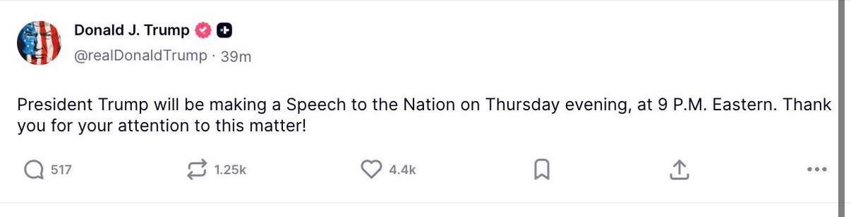 RT_com's tweet photo. Trump to address NATION in primetime speech

The US president says he will deliver a televised address Thursday at 9 PM ET https://t.co/Ih8hPnCAyf