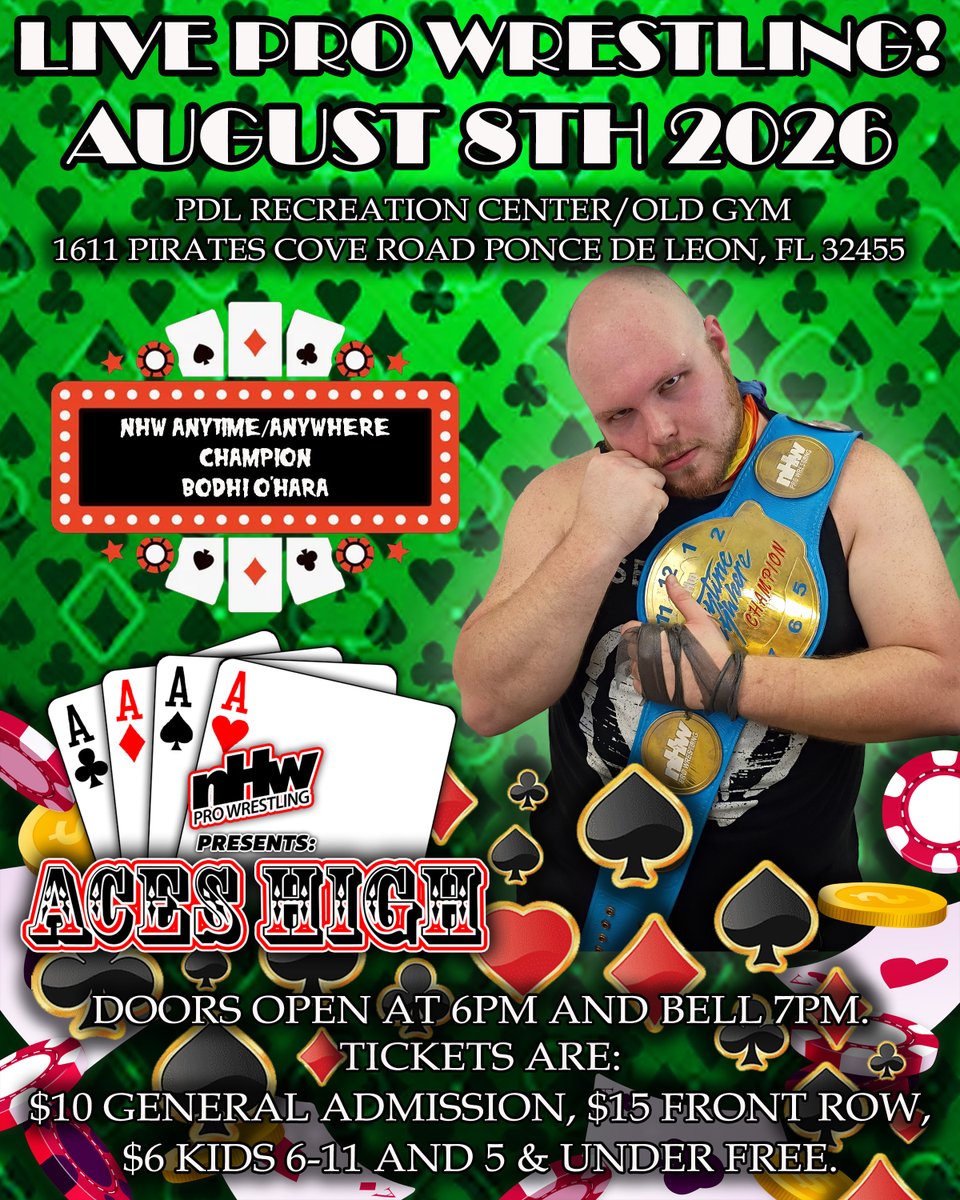 NHWPro's tweet photo. NHW Anytime/Anywhere Champion Bodhi O'Hara will be putting his newly won title on the line at New Heights Wrestling presents ‘Aces High 26’ on Saturday, August 8th 2026 at the PDL Recreation Center/Old Gym 1611 Pirates Cove Road Ponce de Leon, Florida! https://t.co/Bg4wGIt1jb