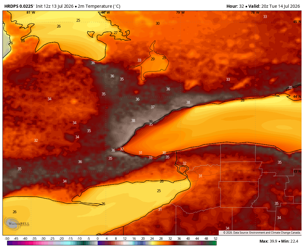 WxOntario1's tweet photo. Another great example of UHI (Urban Heat Island) with tomorrow's forecast across the #GTA

Mid 30s across most of Southern #Ontario with upper 30s/ near 40C across the "concrete jungle" (#Toronto)/ #GTHA

#OnWX #ONStorm https://t.co/GX8CojqHXL