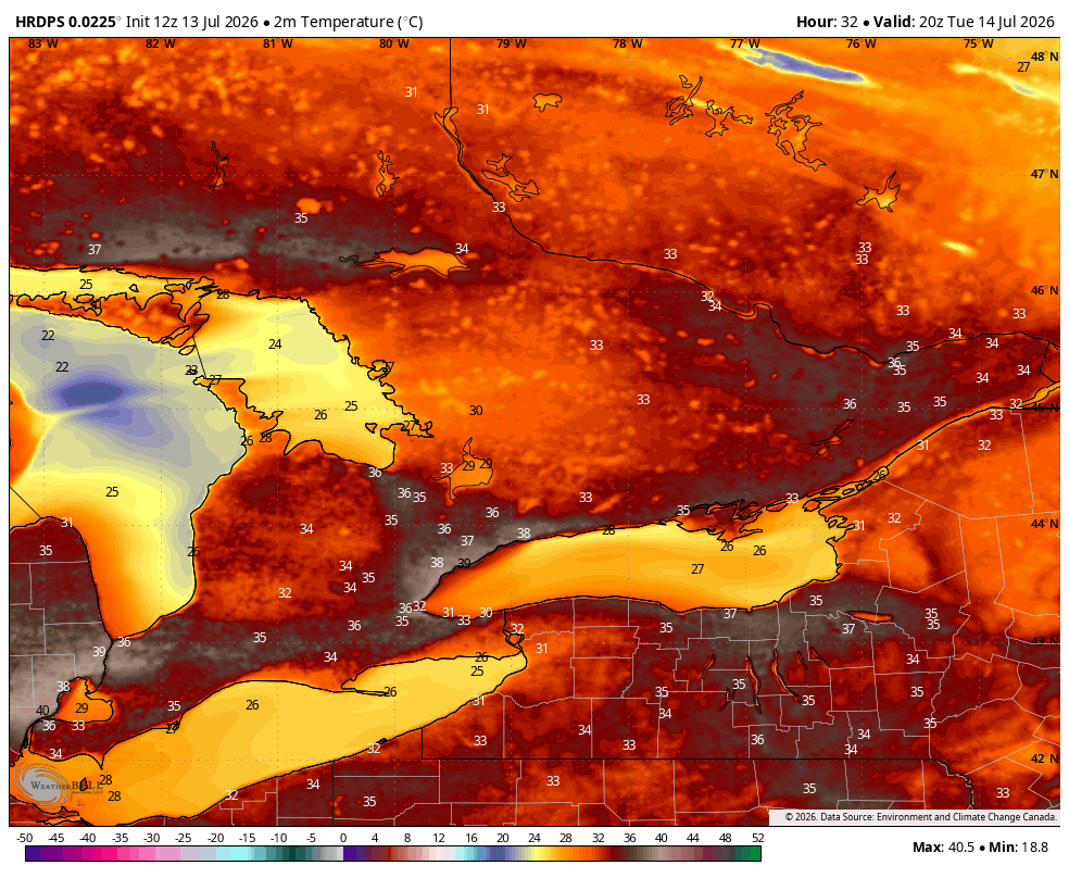 WxOntario1's tweet photo. Another great example of UHI (Urban Heat Island) with tomorrow's forecast across the #GTA

Mid 30s across most of Southern #Ontario with upper 30s/ near 40C across the "concrete jungle" (#Toronto)/ #GTHA

#OnWX #ONStorm https://t.co/GX8CojqHXL