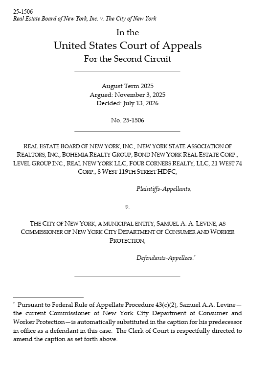 EWess92's tweet photo. In 2024, NYC's City Council passed the "FARE Act", which prohibits brokers from imposing a fee on tenants for which the broker has published a listing or agreed to work for a landlord. Various folks challenged the law. District court denied an injunction &amp; dismissed. Affirmed. https://t.co/0paqjMrhxq