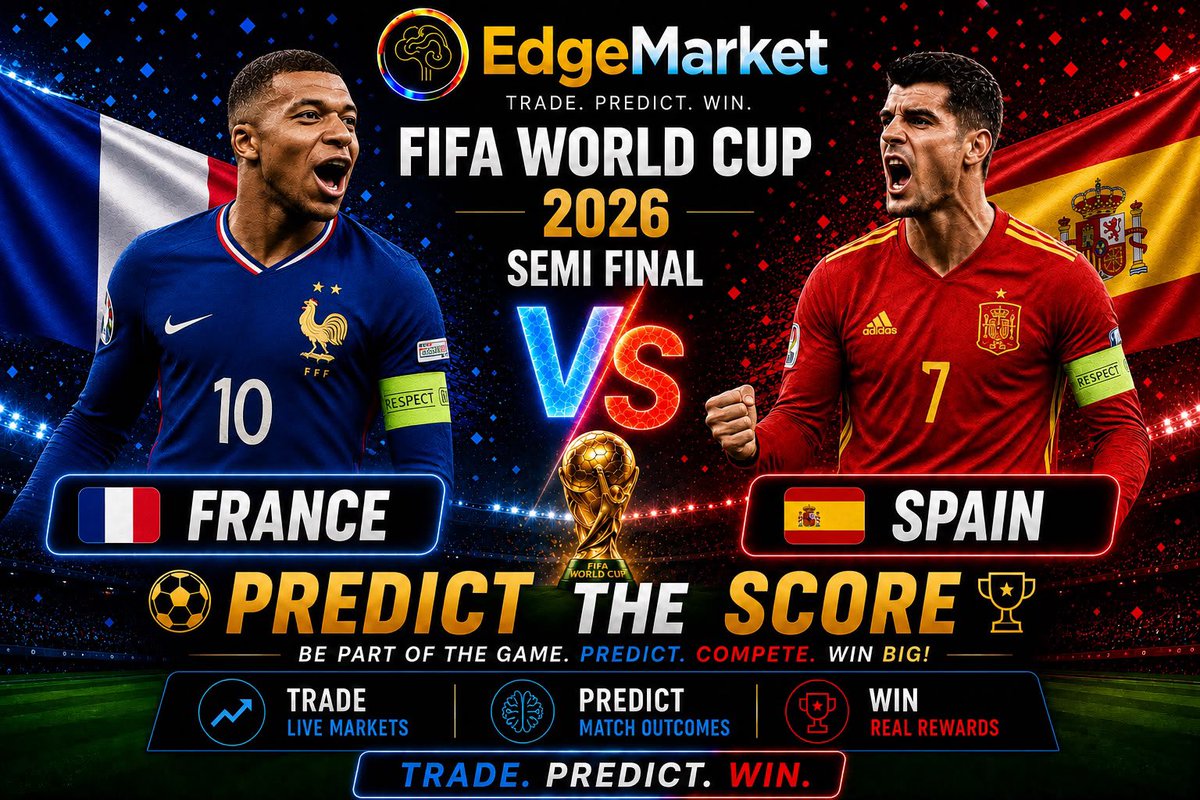 edgemarketAI's tweet photo. ⚽ Predict the final score: France 🇫🇷 vs Spain 🇪🇸

The market has a clear favourite.

📊 Current predictions:
🔥 2-1 France – 45.9%
🇪🇸 0-1 Spain – 18.0%
🇪🇸 1-2 Spain – 14.4%
🇫🇷 1-0 France – 8.1%
🤝 France win on penalties – 8.1%

Will the market get it right?

🧠 Predict the exact score.
🏆 Win rewards.

👉 https://t.co/dsA4wPVsMo

#WorldCup2026 #France #Spain #EdgeMarket #PredictionMarkets #Crypto #Web3