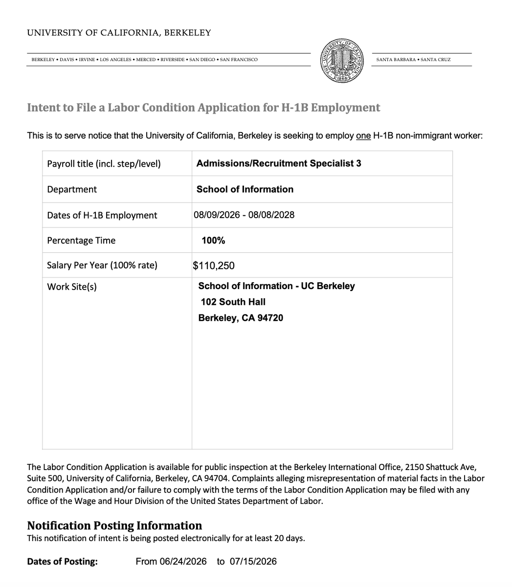 CowtownCaller's tweet photo. UC Berkeley wants H-1B workers doing Admissions/Recruitment work for a public institution @UCBerkeley https://t.co/v9nOPyKnAC