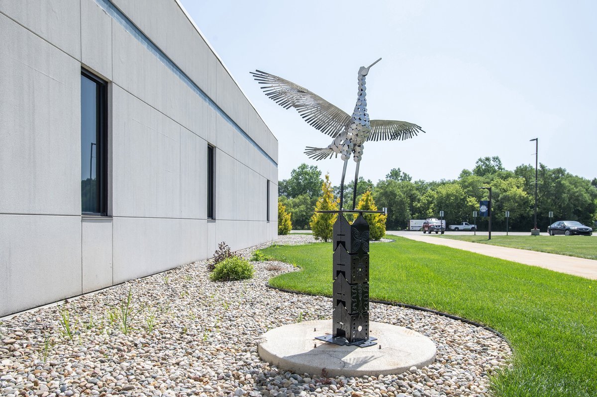 Kellogg_CC's tweet photo. Among the many new sculptures installed on KCC campuses this summer as part of the College’s continuing Triennial Outdoor Sculpture Exhibition is “Wings of Change” by Goshen, Indiana, sculptor Sunday Mahaja!

The six-foot-four-inch-tall repurposed metal sculpture is on display now at the Grahl Center campus in Coldwater, and will be on display to the public for free for the next three years.

Go Bruins!