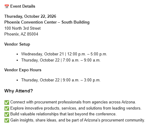 AZNIGP's tweet photo. Join procurement professionals and industry partners from across Arizona for one of the year's premier procurement events.
Don't wait—secure your spot today!
Register here:
https://t.co/i4oD8Zqfjx
See you at the 2026 AZNIGP Regional Conference &amp; Vendor Expo! https://t.co/3eZM5fv0ai