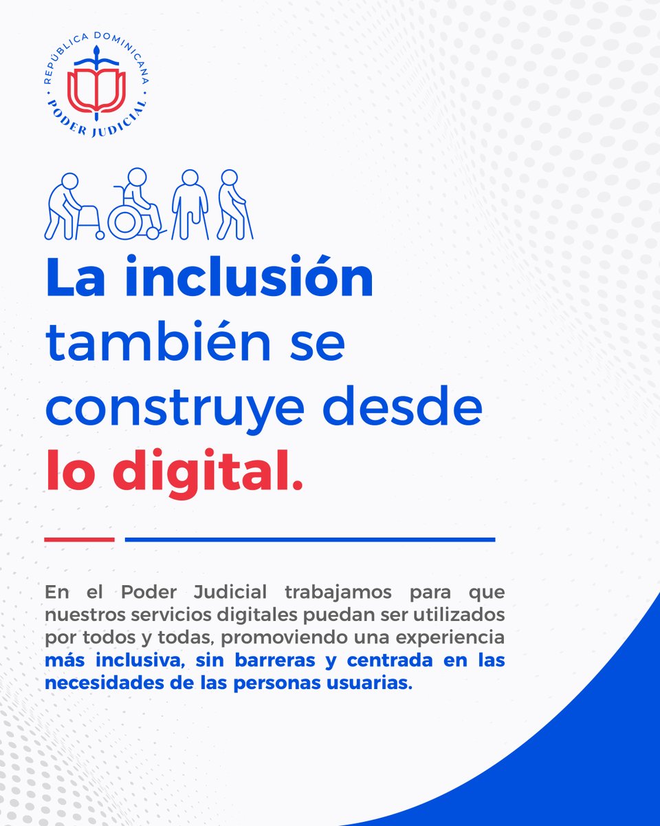 PoderJudicialRD's tweet photo. Una justicia más accesible también se construye desde lo digital ⚖️💻

Nuestro portal web obtuvo el Nivel A de la Norma NORTIC B2 sobre Accesibilidad Web, un reconocimiento que respalda las buenas prácticas implementadas para facilitar el acceso a la información y a los servicios digitales.

Este logro reafirma nuestro compromiso con una justicia digital más inclusiva, sin barreras y centrada en las necesidades de las personas.

Entra a https://t.co/nTWA6N8rDD y conoce una experiencia diseñada para todas las personas.

#NORTICB2 #InclusiónDigital #PoderJudicialRD