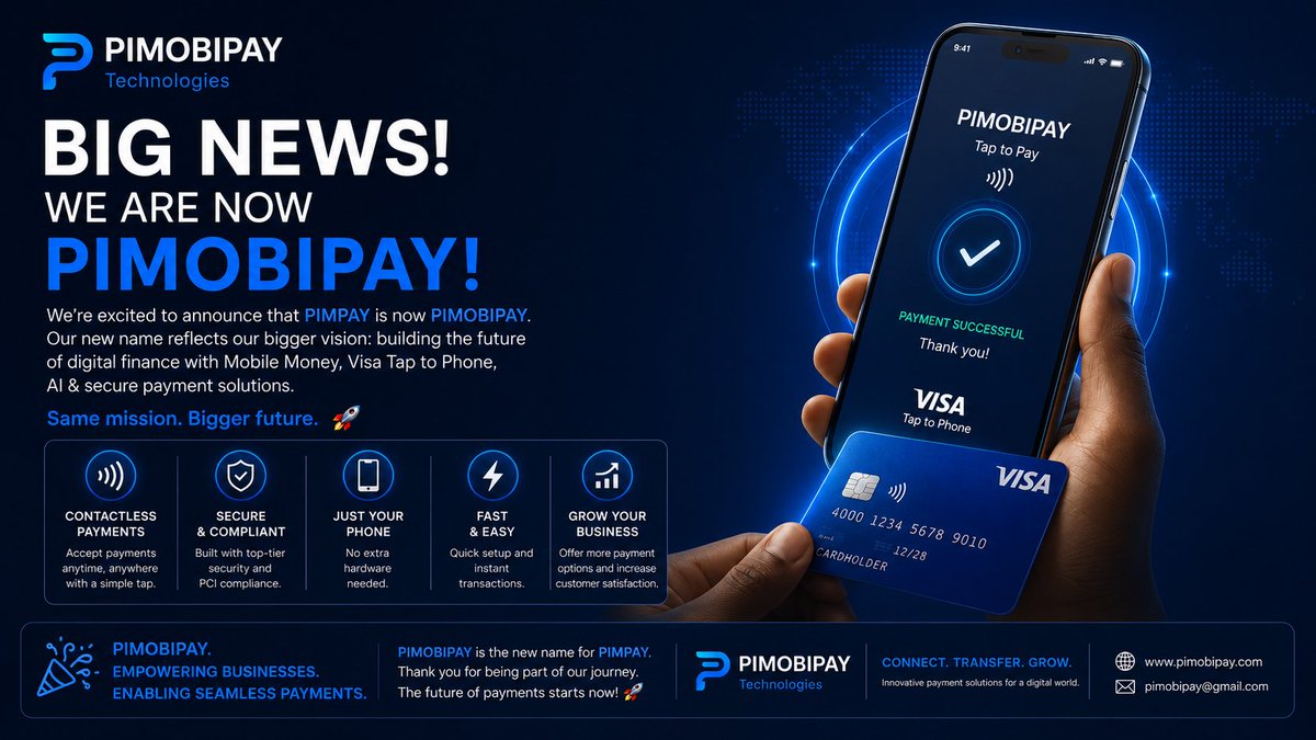 pimobilepay's tweet photo. 🚀 Big News! PimPay is now PiMobiPay. Our new name reflects our bigger vision: building the future of digital finance with Mobile Money, Visa Tap to Phone, AI &amp; secure payment solutions. Same mission.Bigger future.🚀 #PiMobiPay #FinTech #PiNetwork @PiCoreTeam #Web3‌‌ @LiangShi99 https://t.co/w8IFapJTJc