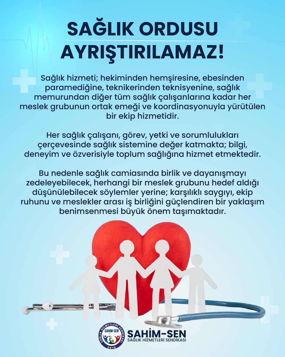 Sahimsen_'s tweet photo. Sağlık bir ekip işidir, ekip ise bir bütün! 

​Hekimi, hemşiresi, ebesi, paramediği, teknikeri ve tüm sağlık çalışanlarıyla biz kocaman bir aileyiz. Toplum sağlığı için omuz omuza çalışırken, bizleri ayrıştırmaya çalışan her türlü söylemin karşısında; birliğin, beraberliğin ve karşılıklı saygının yanındayız.
​Sağlık ordusunun her bir neferi değerlidir ve ayrıştırılamaz! 

#SahimSen #SağlıkOrdusu #SağlıkÇalışanları #EkipRuhu #Dayanışma