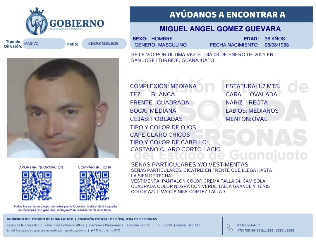 BusquedaGto's tweet photo. 🔍👤 ¿Lo has visto?
Tu apoyo puede marcar la diferencia. 
Si tienes algún dato que ayude a localizar a Miguel Ángel Gómez Guevara, compártelo con nosotros. Cada información suma. 
📞 473 735 3636 ext. 3881 | 473 139 6457.
#BúsquedasGto 🚨 https://t.co/YbYoUa1GkK