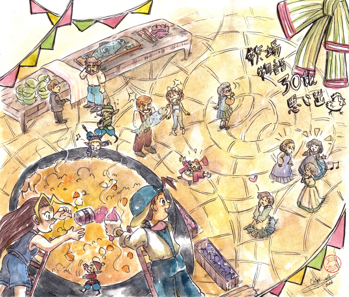 Chiseki3's tweet photo. ペンネーム：ちせき
タイトル：あの秋の収穫祭で

#牧場物語30th思い出 
牧場物語 ミネラルタウンのなかまたちは私の最初の牧場物語のゲームだった。あの活気あふれるミネラルタウン、面白い仲間、そして心温まるイベントと祭―それらは今も私の心に残っています。
牧場物語30周年おめでとうございます! https://t.co/21KbVHy4Wq