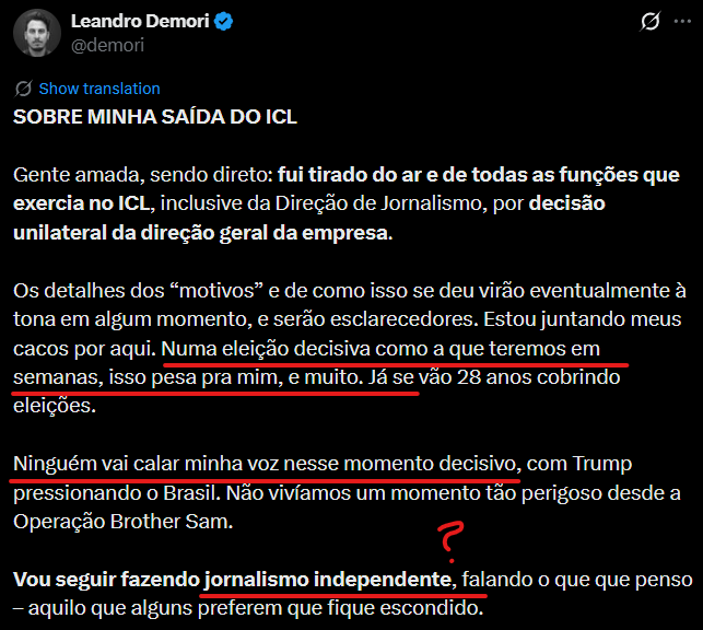 MarPetrucelli's tweet photo. Melhor notícia do mês, do semestre e talvez até do ano!
Demori merece a lata de lixo na história do jornalismo brasileiro.
E não adianta fazer papel de vítima, de perseguido, sugerindo que querem te calar.
Fique à vontade para continuar falando suas merdas, porque ninguém o leva a sério!
