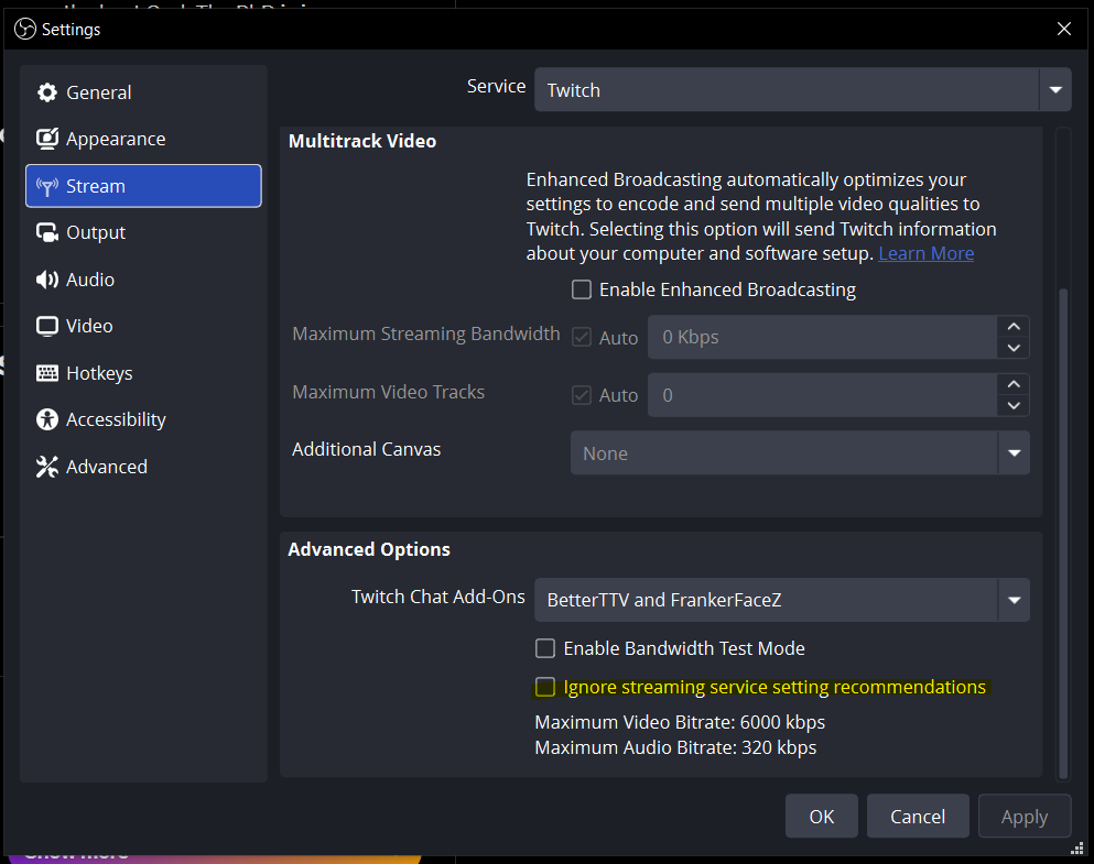AcerOWOla's tweet photo. @froggy_phd 6k is the recommended limit, and when setting it to 6k video bitrate, the audio bitrate (default: 160) pushes it a bit over the 6k limit. 8k is the hard limit i believe.

under Stream -> Advanced Options, you can suppress the warning. https://t.co/guAdVE1bxA
