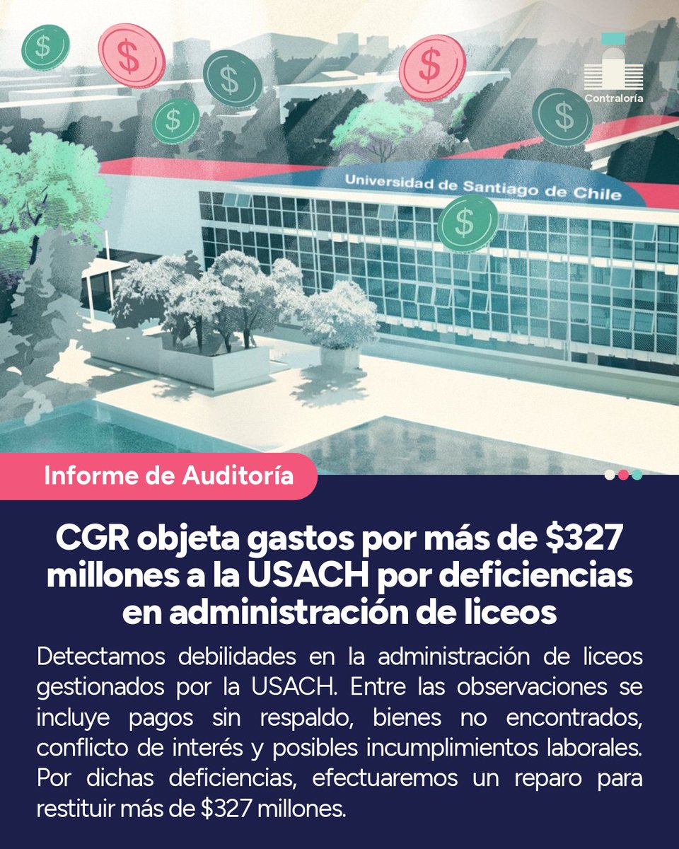Contraloriacl's tweet photo. 🔴 INFORME DE AUDITORÍA | CGR objeta gastos por más de $327 millones a la USACH por deficiencias en administración de liceos.
Lee la nota completa acá 👉 https://t.co/C1AHiGaE7f https://t.co/lTZoMvkDaa