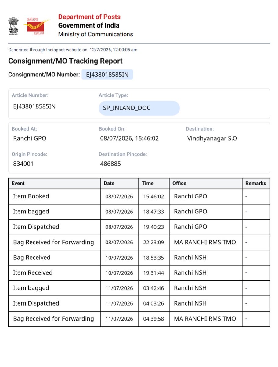 AtulShr76804495's tweet photo. Dear @IndiaPostOffice I sent my application letter for job interview on 08/07/26 from #Ranchi to #Vindhyanagar S O and i am still thinking why it was in Ranchi till 11/07/26 now it is very urgent to reach it's destination by 15/07/26 and if it is not done my job will application https://t.co/QmT8VggxCB