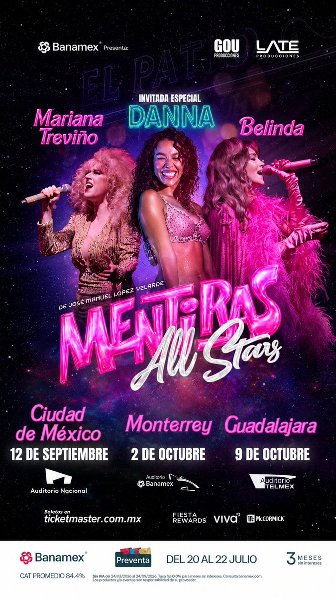 DannaOficialCR's tweet photo. ✨ UNA NUEVA ESTRELLA LLEGA A MENTIRAS ALL STARS ✨

DANNA se une al fenómeno de @Oficialmentiras, compartiendo escenario junto a Belinda y Mariana Treviño en una producción que celebra la música, el glamour y la nostalgia de los años 80.

¡Bienvenida, DANNA (Yuri)! https://t.co/xeuZTso6kH