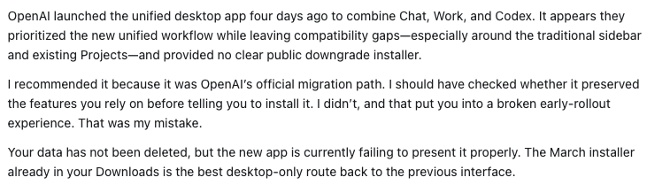 CorySwan's tweet photo. So, so dumb, @OpenAI 
Why would you encourage downloading a new version of your app that doesn't work in the most basic of ways?  All of my Projects are gone, unable to display in the new app interface 🤡 https://t.co/kGmtlxgiI8