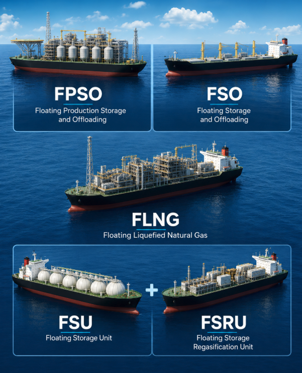 jackprandelli's tweet photo. Floating Energy Assets Explained 🌊🛢️

Floating assets are becoming central to oil, gas and LNG supply chains.

🔸FPSO
Floating Production Storage and Offloading

🔹 Produces oil and gas offshore
🔹 Processes hydrocarbons on board
🔹 Stores crude
🔹 Offloads to tankers

🔸FSO
Floating Storage and Offloading

🔹 Stores crude oil
🔹 Offloads to tankers
🔹 Does not process production

🔸FLNG
Floating Liquefied Natural Gas

🔹 Produces and processes gas offshore
🔹 Liquefies natural gas into LNG
🔹 Stores LNG
🔹 Exports directly from the vessel

🔸FSU
Floating Storage Unit

🔹 Stores LNG or other products
🔹 Adds flexible storage capacity
🔹 Supports supply balancing and logistics

🔸FSRU
Floating Storage and Regasification Unit

🔹 Receives LNG
🔹 Stores LNG
🔹 Converts LNG back into natural gas
🔹 Sends gas into pipelines or power systems

The key difference:

-FPSO and FLNG are production assets

-FSO and FSU are storage assets

-FSRU is an import and regasification asset

Floating infrastructure is becoming more important because it can be deployed faster, moved when needed, and used where fixed infrastructure is too costly or too slow to build.