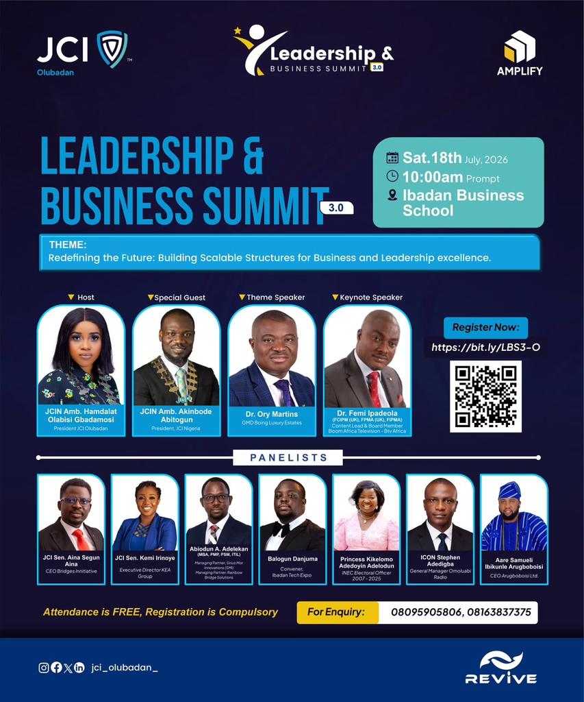 JCIOLUBADAN_'s tweet photo. Businesses thrive when the right things are put in place at the right time, but what else could evolve a business into a dynasty if not Leadership?

Don't miss the ultimate shift.
Attendance is FREE! Registration is COMPULSORY!

Register now via: https://t.co/idc75se9IJ

#Revive https://t.co/5iMFWpU2fz