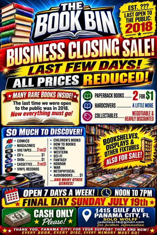 AymarArtur's tweet photo. #BayCountyFlorida people: The #BookBin WILL CLOSE FOR GOOD by Sunday.
They need all the stock GONE. If they can't sell it, they HAVE to throw it away.
There are #OutOfPrint books and back issues of comic books in there for cheap!. Get your butts in gear! https://t.co/PDKpEBowDG