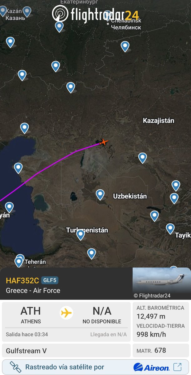 Gl0ryScope's tweet photo. Actualización: El avión HAF352C del ejército griego, sigue su rumbo hacia el este tras salir de Atenas, sobrevolando Kazajistán. Se sigue sin saber el motivo de su vuelo ni el destino.
#OSINT #AvGeek https://t.co/HZ7BFg0AbQ