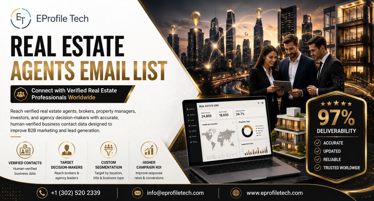 Jamesharris21's tweet photo. 🏘️ Grow your real estate marketing with verified business contacts.

✔ Verified Real Estate Agents
✔ Targeted Email Database
✔ Higher Campaign ROI

Learn more:
https://t.co/sRHNYvstZU

#RealEstate #SalesProspecting #B2BMarketing #LeadGeneration https://t.co/xixUGrd6Wb
