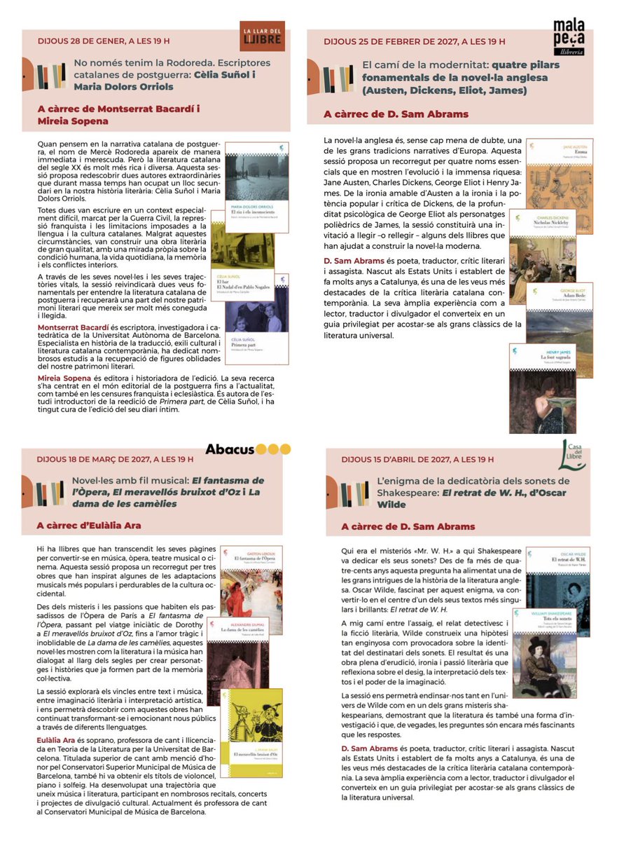 ADESIARAEDITORI's tweet photo. Avui s’ha presentat a Sabadell el cicle «El rebost dels clàssics», una trobada al mes per descobrir alguns dels grans clàssics de la literatura universal gràcies als seus millors coneixedors. Les sessions tindran lloc al Col·legi d’Enginyers (carrer Indústria, 18 - Sabadell).1⬇️ https://t.co/wjQPm8xFDw