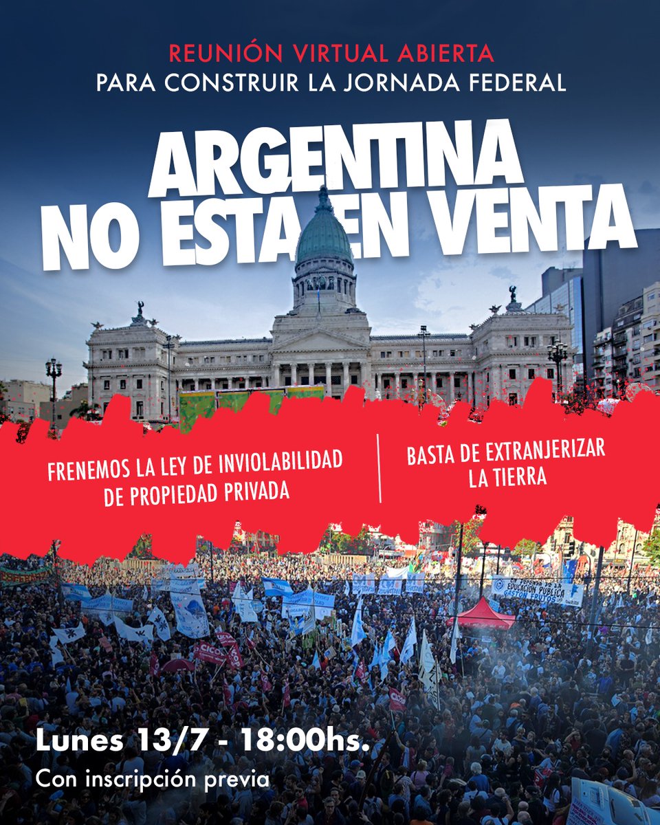 matiasoberlin's tweet photo. SUMATE a la reunión virtual abierta para construir la Jornada Federal 
Frente al avance del proyecto que quiere profundizar la extranjerización de la tierra, nos organizamos este lunes para defender en la calle nuestras tierras y soberanía
👉 INSCRIPCIÓN https://t.co/VskJNn4AH4 https://t.co/xtcyYmFeDf