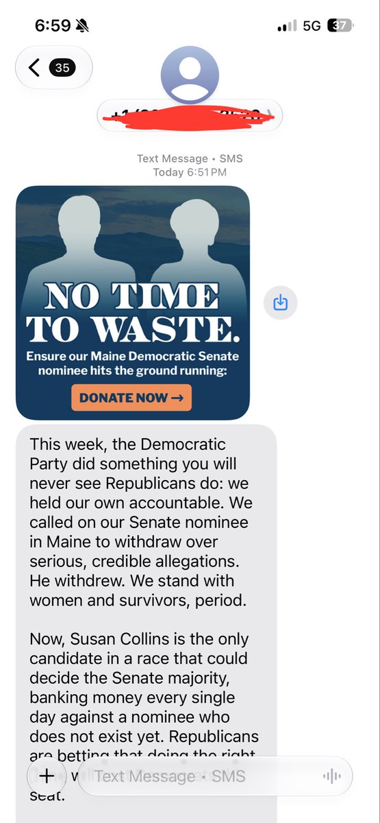connorjmitchell's tweet photo. Received this fundraising text yesterday: patting ourselves on the back for calling on a nominee with credible SA allegations to drop out, followed immediately by an ask for money does NOT feel like a winning strategy.

Asking Platner to drop out is literally the bare minimum. https://t.co/P3PjVuyclQ