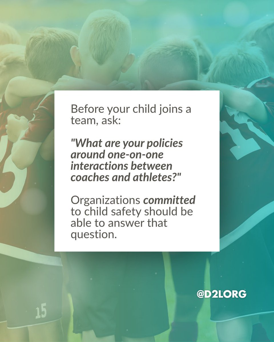 Darkness2Light's tweet photo. Before your child joins a team, ask:

"What are your policies around one-on-one interactions between coaches and athletes?"

Organizations committed to child safety should be ready to answer.

Asking questions isn't distrust. It's prevention. 💙 https://t.co/eBcxMSCC58