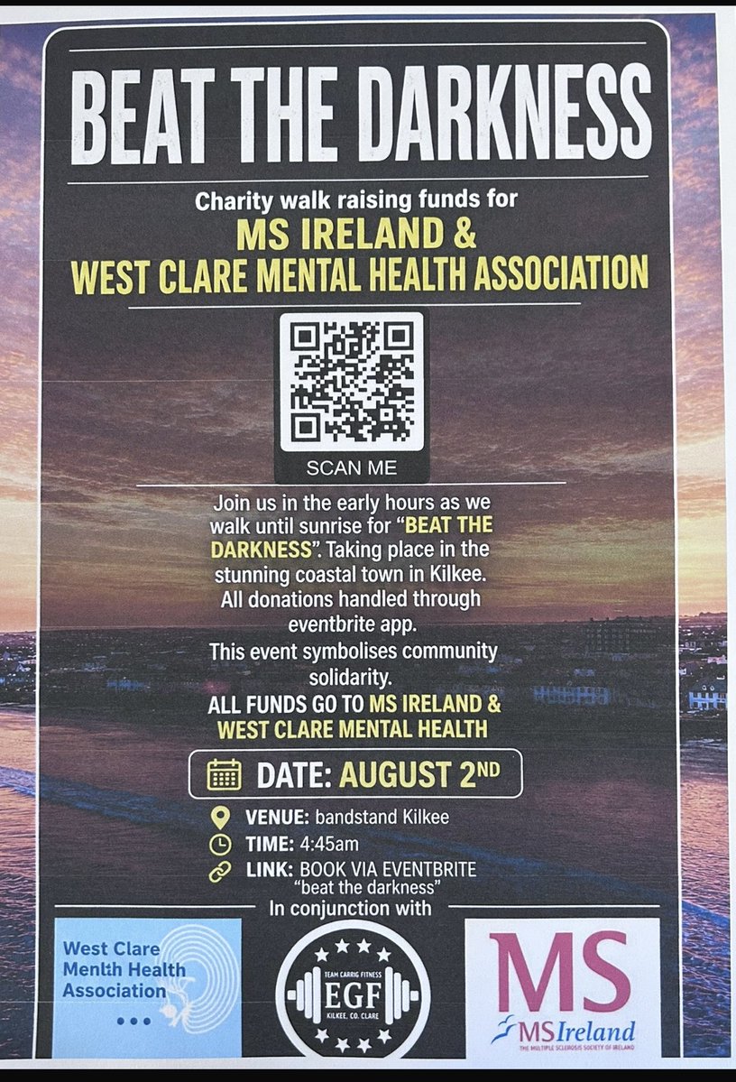 MSIRELAND's tweet photo. Beat the Darkness, Sunday 2 August!

Join the community sunrise walk in Kilkee, Co. Clare, supporting MS Ireland and West Clare Mental Health Association.

🕔 Meet 4.45am | Walk 5.00am
📍 Bandstand, Kilkee

Register: https://t.co/2ZvRe20FC9 https://t.co/f7Vaf1QEdu