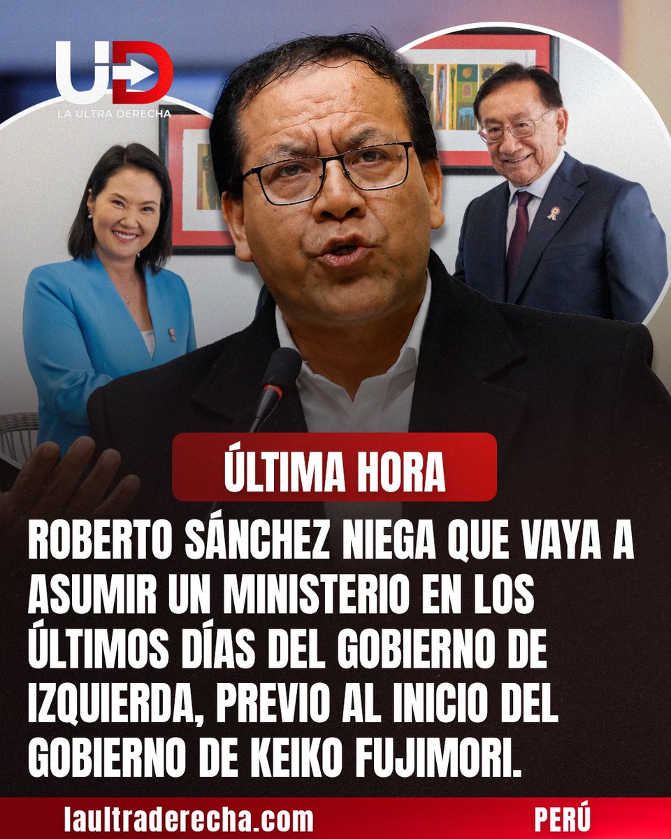 LUltraDerechaPE's tweet photo. 🇵🇪|🚨#ÚLTIMAHORA ¡DESCARTA SUMARSE AL GOBIERNO! El excongresista socialista y defensor de Pedro Castillo, Roberto Sánchez, negó que vaya a asumir un cargo ministerial durante los últimos días del gobierno de Balcázar y aseguró que no tiene intención de integrar el gabinete.

Sánchez aprovechó su conferencia para volver a respaldar al golpista Pedro Castillo y cuestionar al canciller Carlos Pareja por rechazar el informe de un grupo de la ONU, pese a que dicho pronunciamiento no obliga al Estado peruano a absolutamente nada.