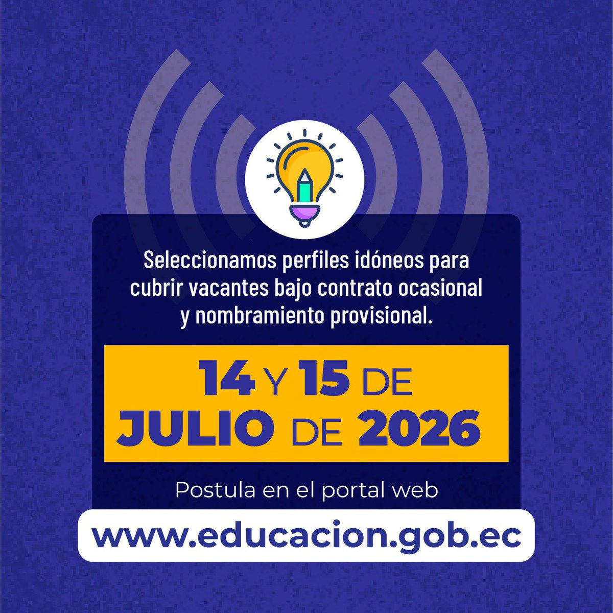 Educacion_Ec's tweet photo. 👩🏻‍🏫👨🏻‍🏫 ¡Atención profes! Si quieren formar parte del sistema educativo, esta es su oportunidad.

📚 A través de #EducaEmpleo están disponibles vacantes para el régimen #CostaGalápagos, con el objetivo de fortalecer la cobertura docente y garantizar el acceso, permanencia y continuidad educativa de niños y adolescentes.

🗓️ Postula el 14 y 15 de julio de 2026.
💻 Ingresa a ➡️ https://t.co/yMF3fumyLt